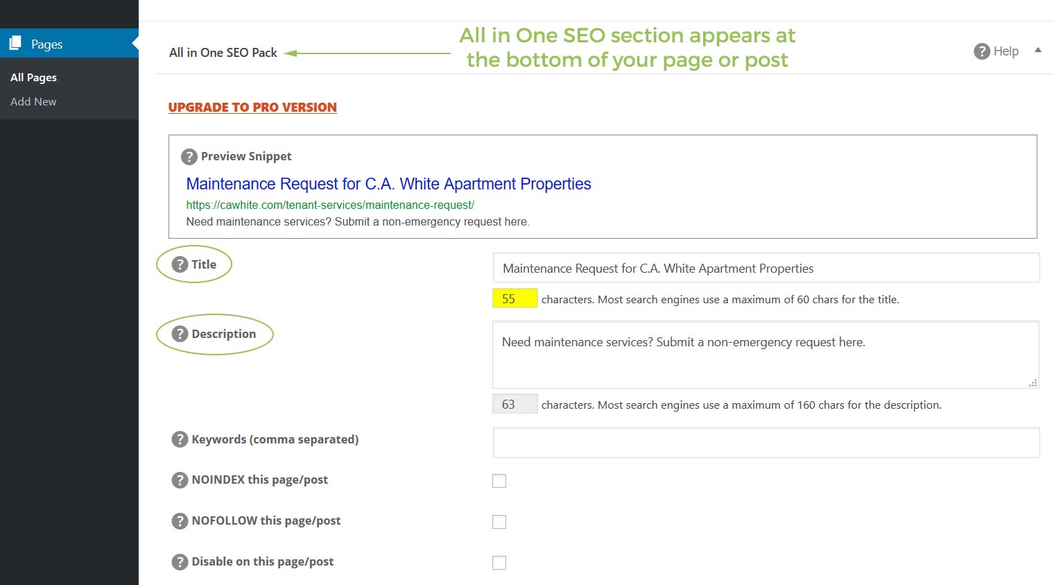 All in One SEO's title & description editor can be found at the bottom of your pages and posts