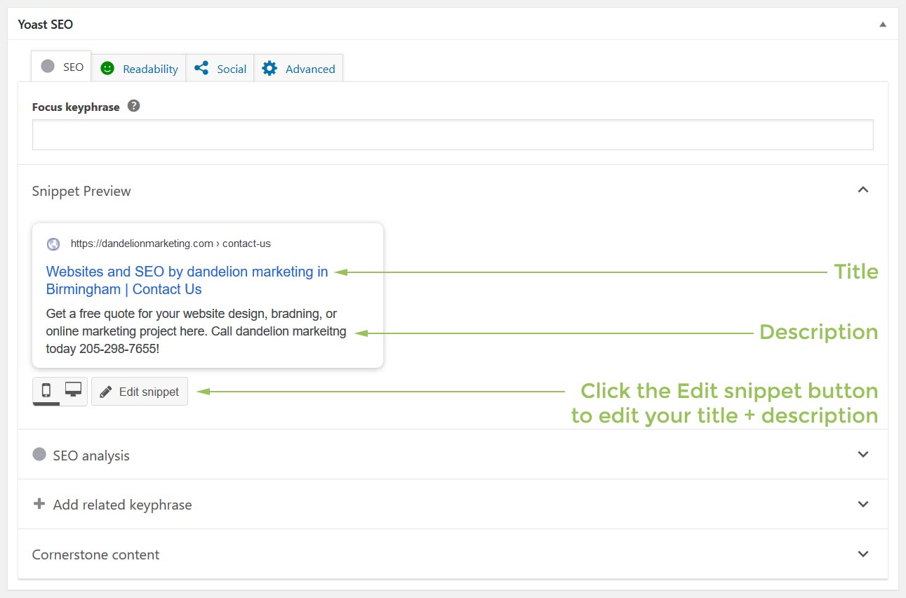 Yoast's title & description editor appears at the bottom of your page or post.