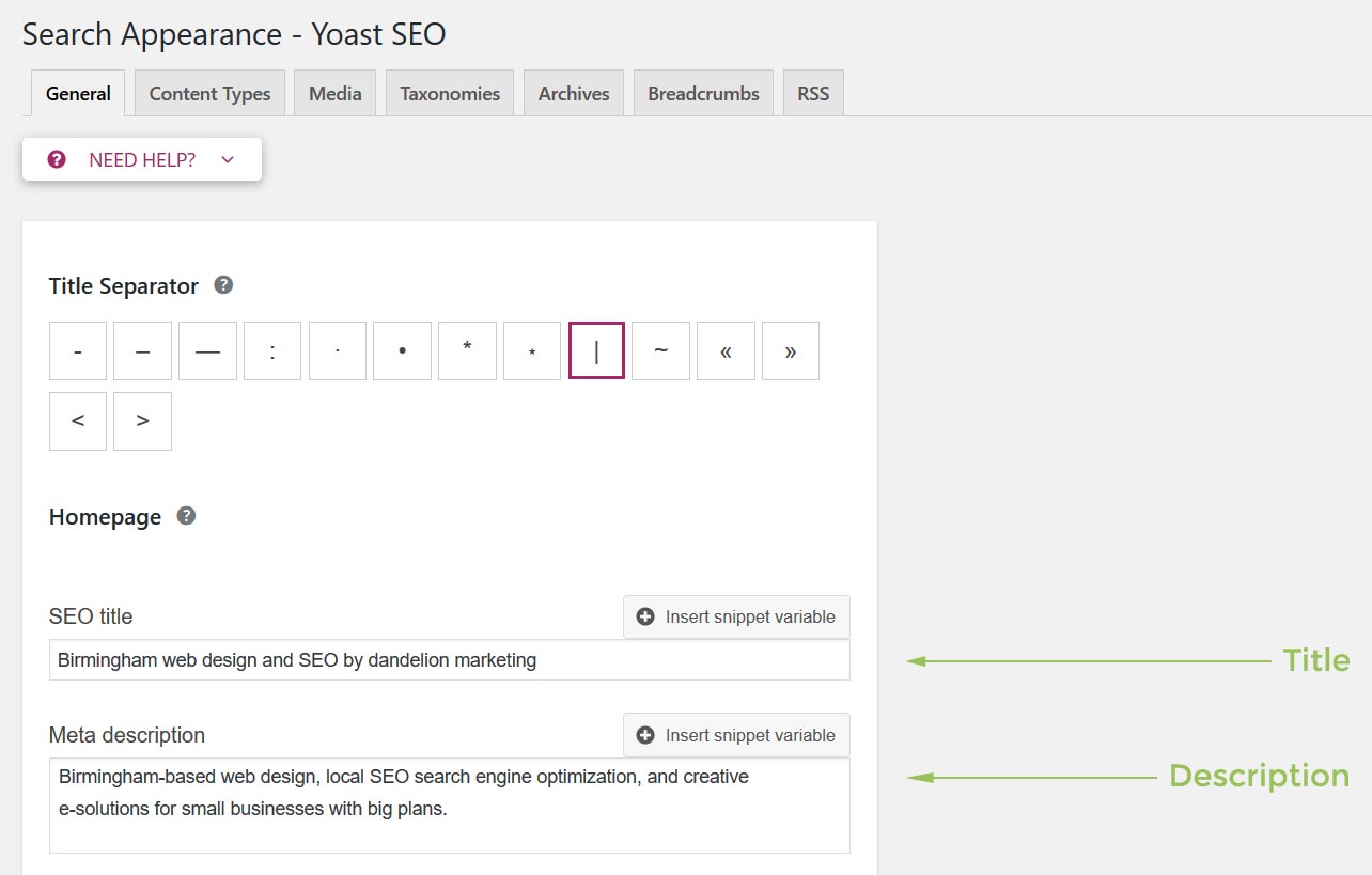 Edit your Home page's title & description by going to Yoast > Search Appearance