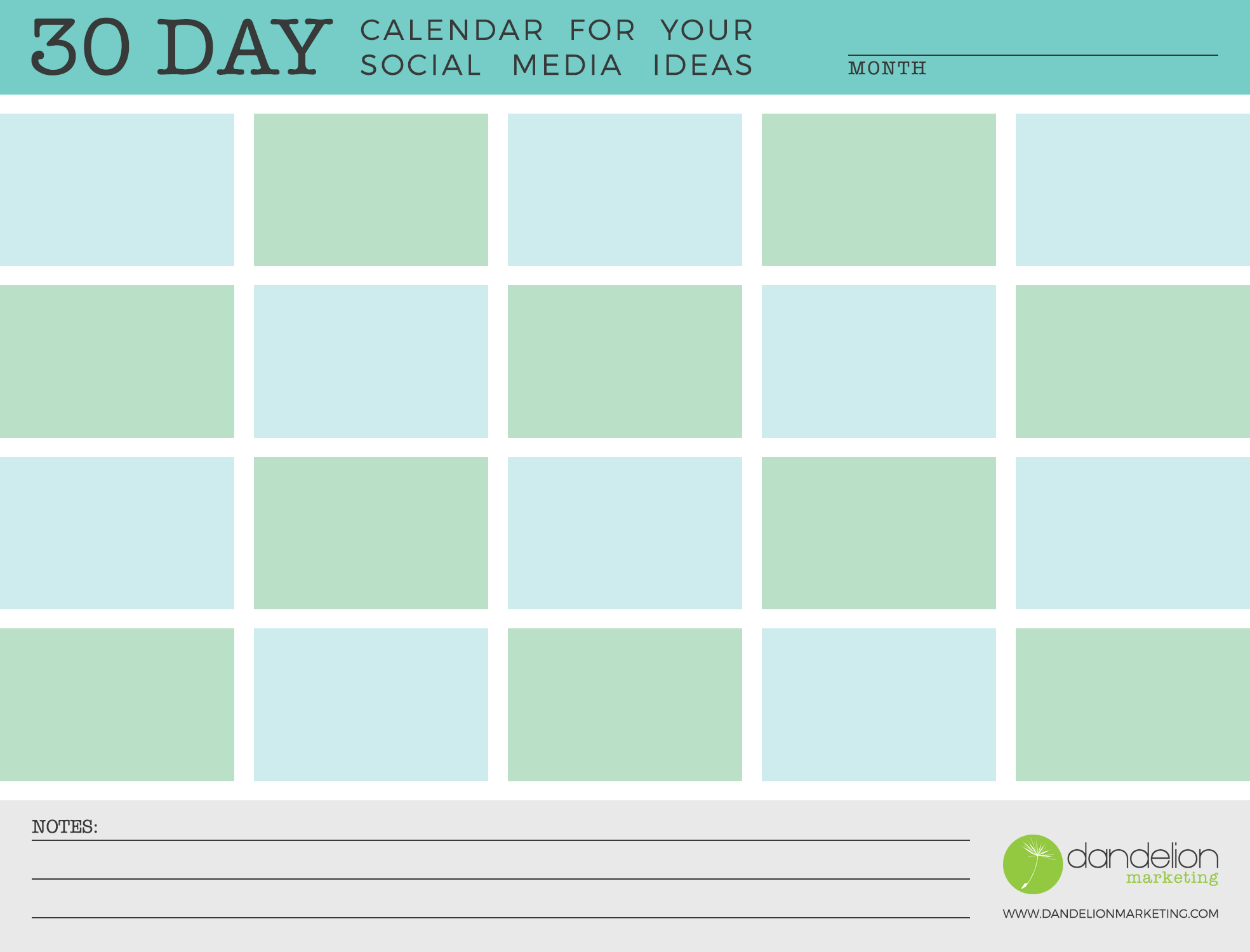 30 Day Calendar for Your Social Media Ideas