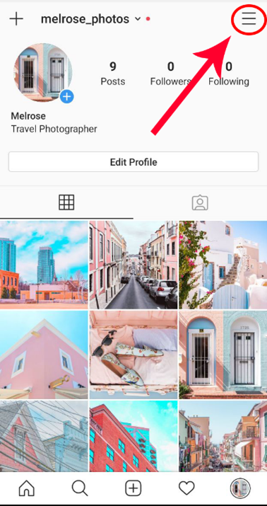 Screenshot of hamburger menu to access account settings in Instagram