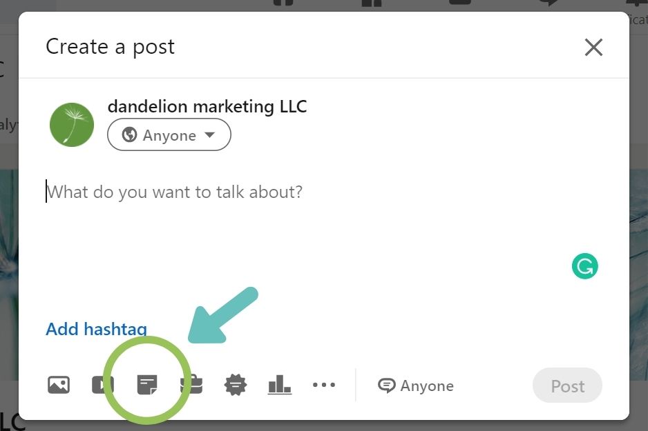 Share your cool new carousel with your audience by simply uploading the PDF to LinkedIn using the document icon that is found in the same area as the photo and video icon. The icon looks like a sheet of paper.
