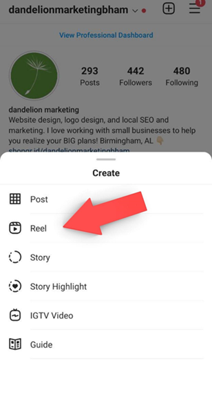 To post a reel click the “plus” button--just like you are posting a regular photo.