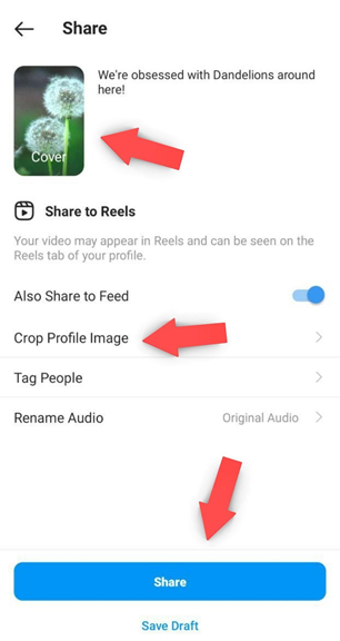 Once you’re done, tap “Next” and you’ll be taken to a screen to finalize all the details! You can add a caption, choose the cover for your video, and crop the cover to determine how it will look in your profile grid! When you’re all done, click share! Congrats: you’ve posted a reel!